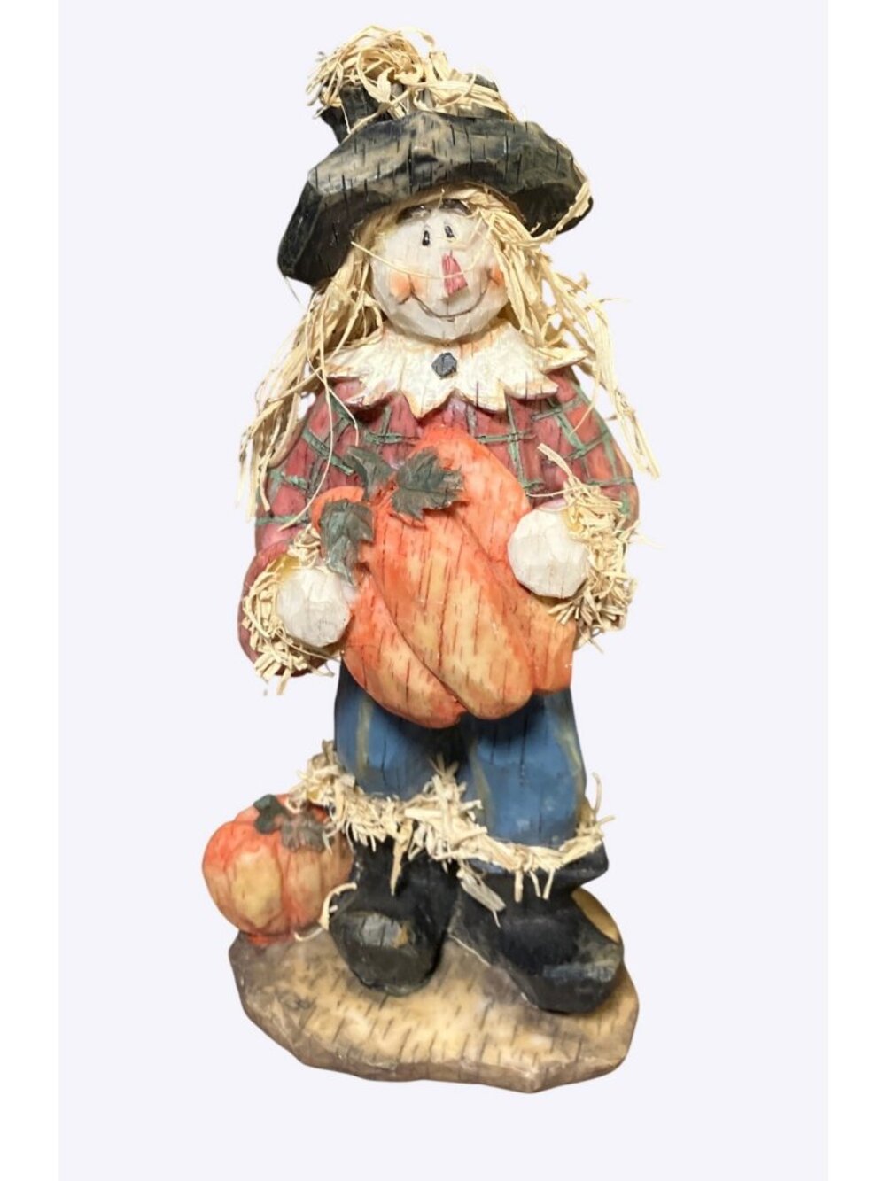 Hand Painted Scarecrow Figurine Holding Pumpkins Fall Décor Straw Details